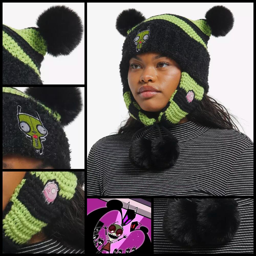 Invader Zim GIR & PIG Striped BEANIE Pom Ears/Tassel Chunky Knit/Crochet NEW!